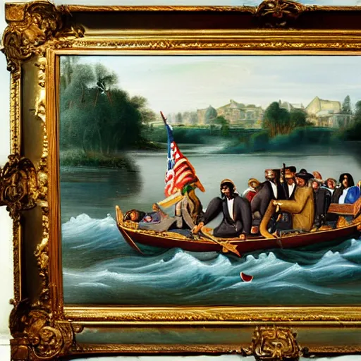 Image similar to Snoop Dogg crossing the Delaware, oil on canvas