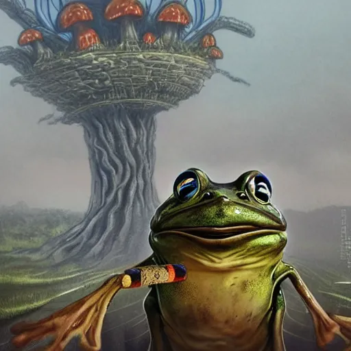 Image similar to A close up portrait of a scary godlike anthropomorphic frog smoking an anime cigarette , magic mushroom village in background . award winning. superb resolution. in the art style of junji Ito and greg rutkowski . Detailed Mushroom city in background. Hyper realistic anime. Perfect art. Dalle2