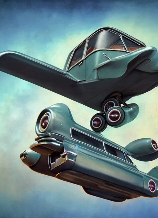 Image similar to highly detailed closeup portrait of a 1 9 6 0 s retro flying car, unreal engine, nicoletta ceccoli, mark ryden, earl norem, lostfish, global illumination, detailed and intricate environment