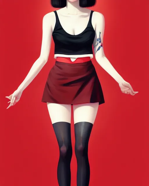 Prompt: a full body portrait of pale skin beauty in mini skirt and crop top, black hair, red lips, digital painting by ilya kuvshinov and ross tran and karol bak and stanley lau and anna dittmann and artgerm and xiaoguang sun and tian zi