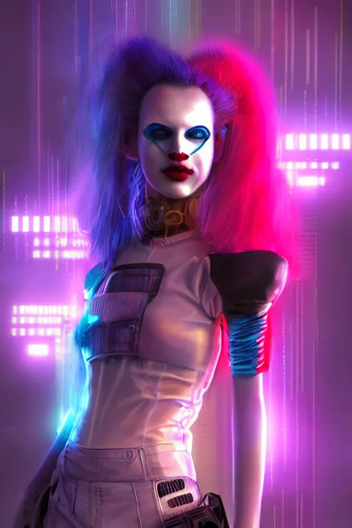 Image similar to portrait futuristic stylish cyberpunk young female clown, in futuristic rainny thunder flashing tokyo rooftop cyberpunk night, ssci-fi, fantasy, intricate, very very beautiful, elegant, neon light, highly detailed, digital painting, artstation, concept art, soft light, hdri, smooth, sharp focus, illustration, art by tian zi and craig mullins and WLOP and alphonse mucha