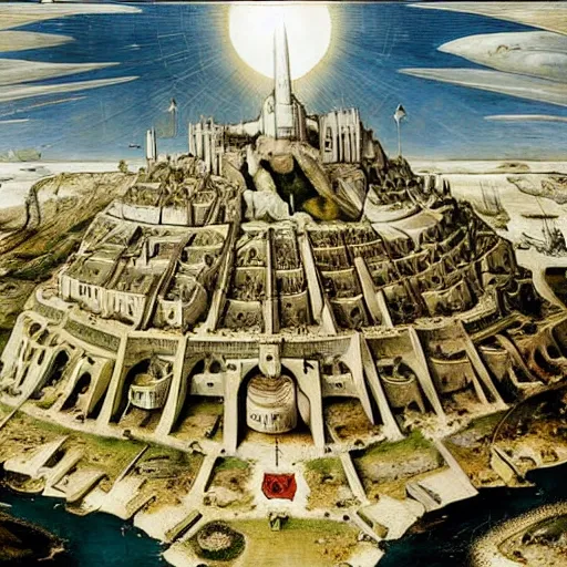 Prompt: Minas Tirith by Bruegel and Hokusail, masterpiece