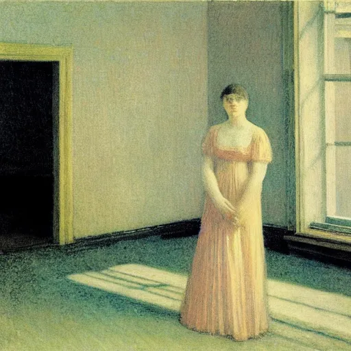 Prompt: beautiful girl in an empty room, daguerreotype by segantini, by Edward hopper, art noveau, highly detailed, strong lights, liminal, eerie, Bright pastel colors,