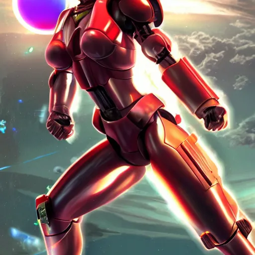 Prompt: natalie portman in the suit of Samus Aran from Metroid. She is fighting darth vader next to the Sun. Very emotional. Ultra high quality, very detailed. 8k. Trending on art station