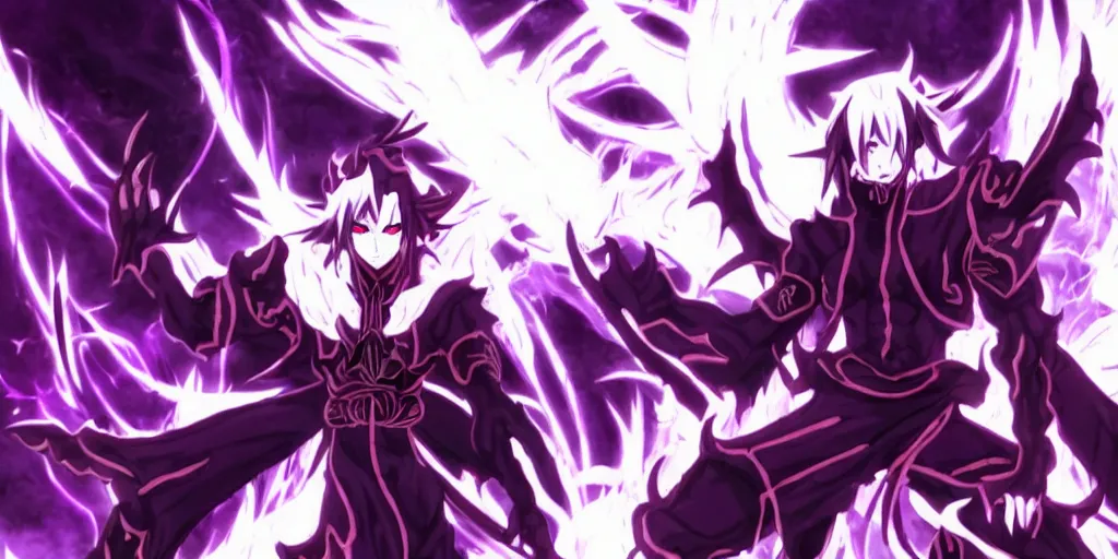 Prompt: demon lord in anime, sitting in his lair with dark aura around him and purple flames