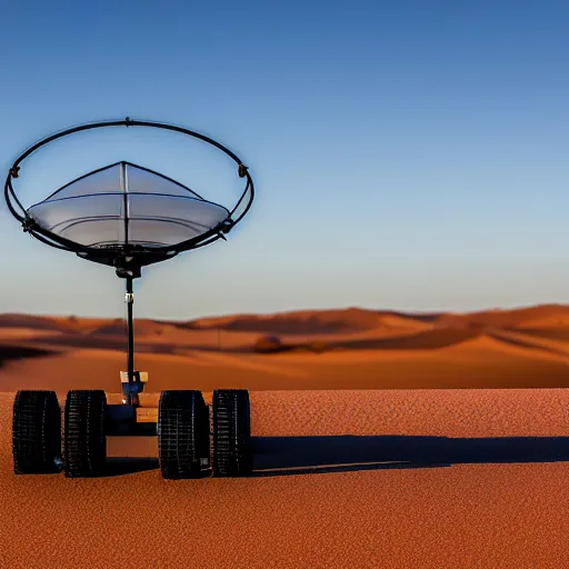 Image similar to peaceful mobile biomimetic rugged anemometer station sensor antenna on all terrain tank wheels, for monitoring the australian desert, XF IQ4, 150MP, 50mm, F1.4, ISO 200, 1/160s, dawn