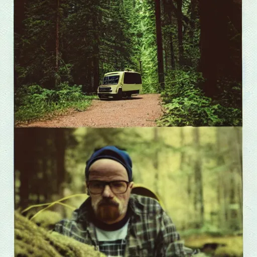 Image similar to walter white going camping in a forest, photography, polaroid,