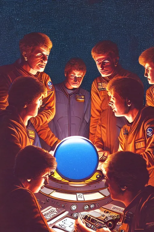 Image similar to an illustration of the crew of a spaceship are huddled over a glowing console, by barclay shaw