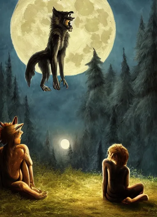 Image similar to a painting of a werewolf at night sitting next to a human child in front of full moon, fantasy art, matte painting, highly detailed