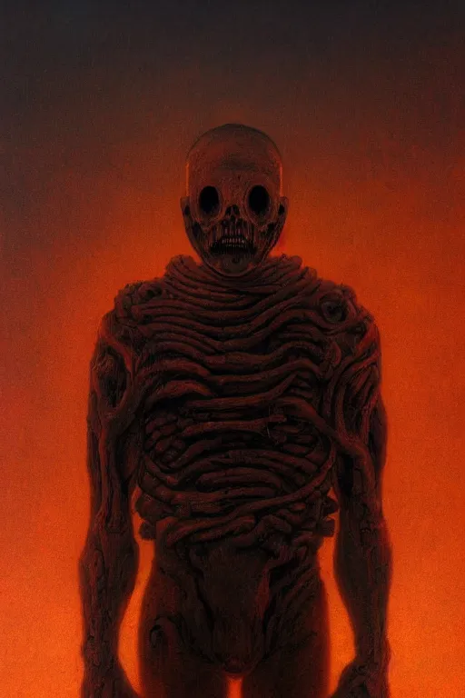 Image similar to portrait of doom guy, heroic pose, by Zdzislaw Beksinski, gothic, amazing details, volumetric lighting, 8k, cold hue's, warm tone gradient background