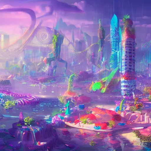 Image similar to a utopian city, filled with extremely colorful fauna, with bubbles floating around everywhere, dynamic lighting, fantasy concept art, trending on art station, stunning visuals, creative, cinematic, ultra detailed