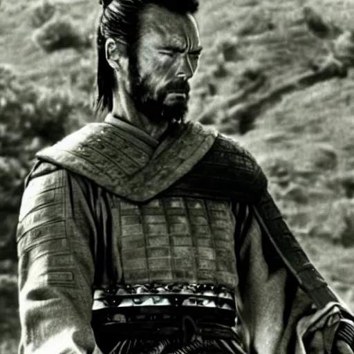 Image similar to clint eastwood as a samurai in seven samurai ( 1 9 5 4 ). grainy movie still