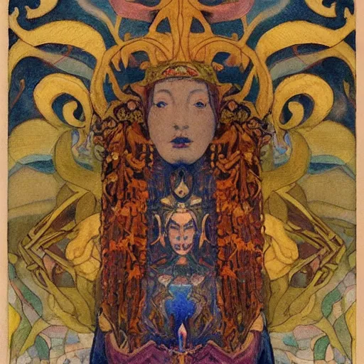 Prompt: the lantern crown, by Annie Swynnerton and Nicholas Roerich and (((Edmund Dulac))), embroidered brocade, tattoos, elaborate costume, geometric ornament, symbolist, rich colors, dramatic lighting, smooth, sharp focus, extremely detailed