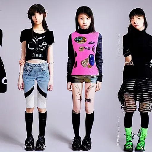 Prompt: fruits magazine steetwear photo of cute cool fashion worn by teens teens in the far future, futuristic!!! haute couture fashion!!!!, nanotechnology cybernetics!!! solar power prosthetic, style of ai yazawa