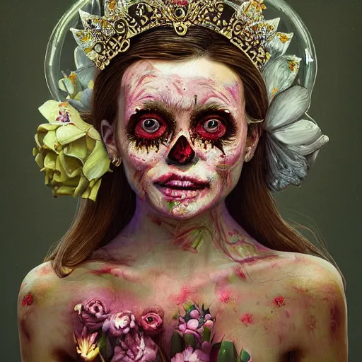 Prompt: A very detailed horrifying portrait painting of the flower princess, 8k, trending on artstation cgsociety, masterpiece, in the style of DiscoDiffusion.