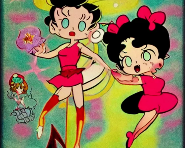 Prompt: Osamu Tezuka's Betty Boop as a magical girl, vintage anime, colorized retro cartoon, HD remaster