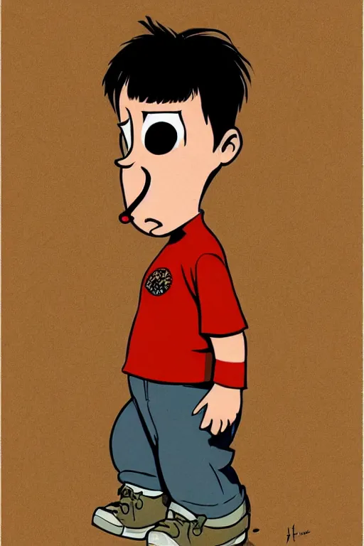 Image similar to Full body portrait of a short!, overweight!! teenage boy, medium length brown hair and fringe, eyes half closed, mouth open, not intelligent, standing in road, cartoon by Jamie Hewlett, cel shaded, Trending artstation, deviantart, digital art