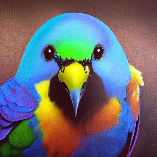 Image similar to an oil painting of a rainbow budgie with black spots, full hd, ue5, ue4, unreal engine 5, artstation