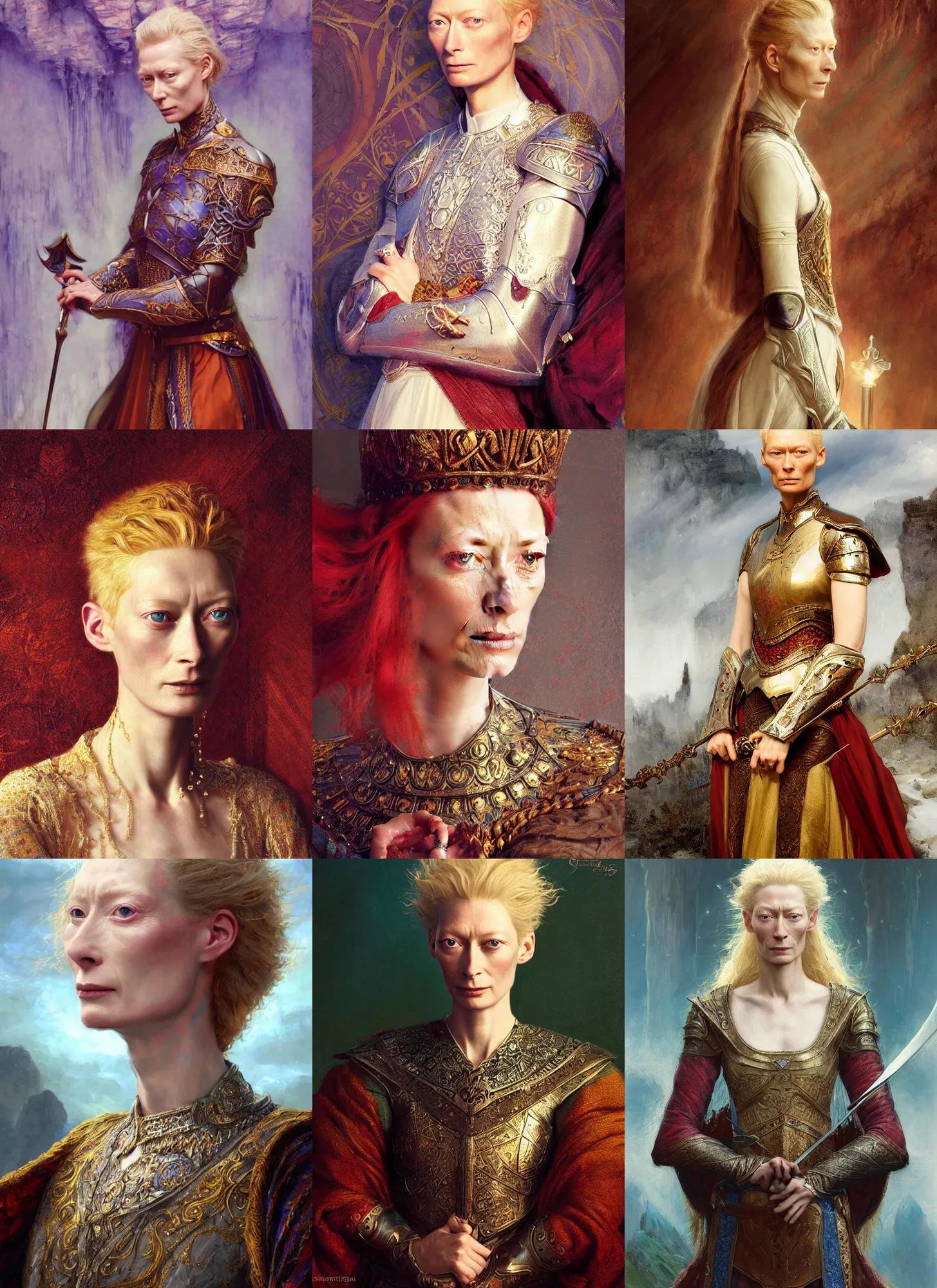 Prompt: portrait of beautiful young tilda swinton as king arthur of camelot. digital art by eugene de blaas, ross tran, and nasreddine dinet, vibrant color scheme, intricately detailed, in the style of romanticism, cinematic, artstation, greg rutkowski