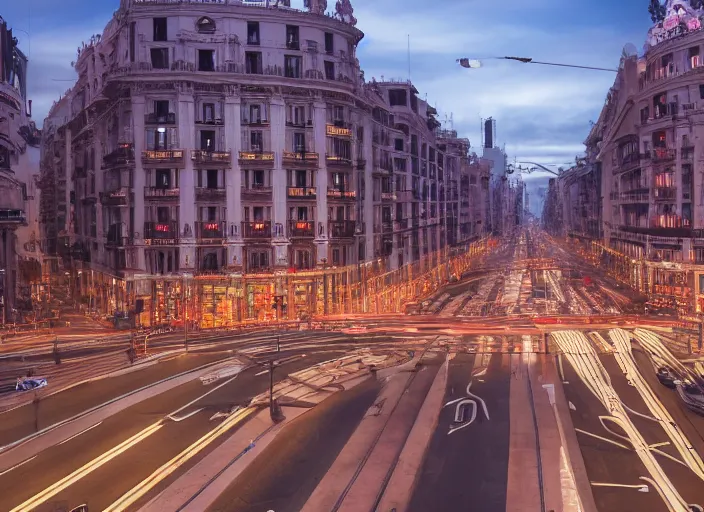 Prompt: Gran Vía from Madrid in the year 3000, futuristic city, award-winning photograph, 4k, HQ, artstation,