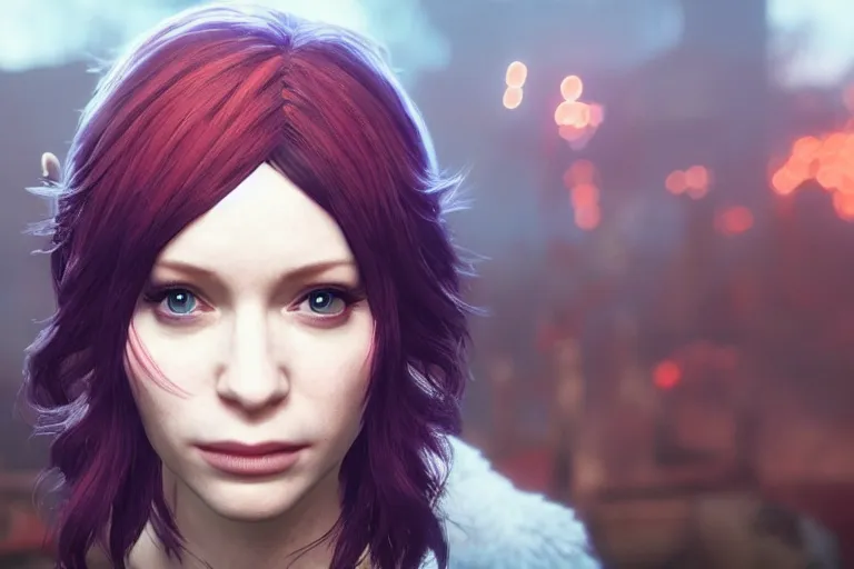 Prompt: a gaming screenshot portrait still of christina hendricks as scarlet in final fantasy, moebius, greg rutkowski, jayison devadas, phuoc quan, trending on artstation, 8 k, ultra wide angle, video game graphics, blue technology sci - fi atmosphere realistic, 3 d game, zenith view, cyberpunk pincushion lens effect