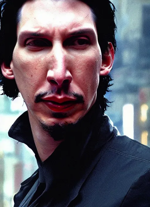 Image similar to adam driver as neo, matrix, city, lightning in the background