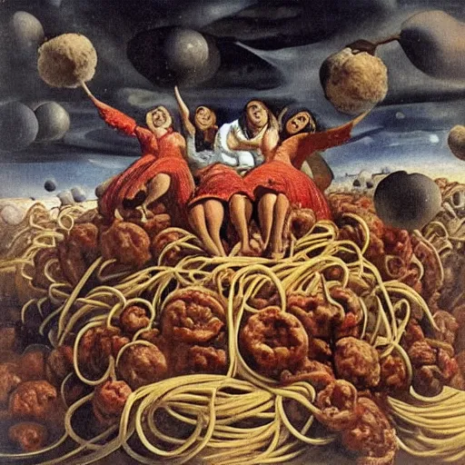 Image similar to a giant mess of women bodies with spaghetti bolognesa and meatballs flying in the stormy sky by dali