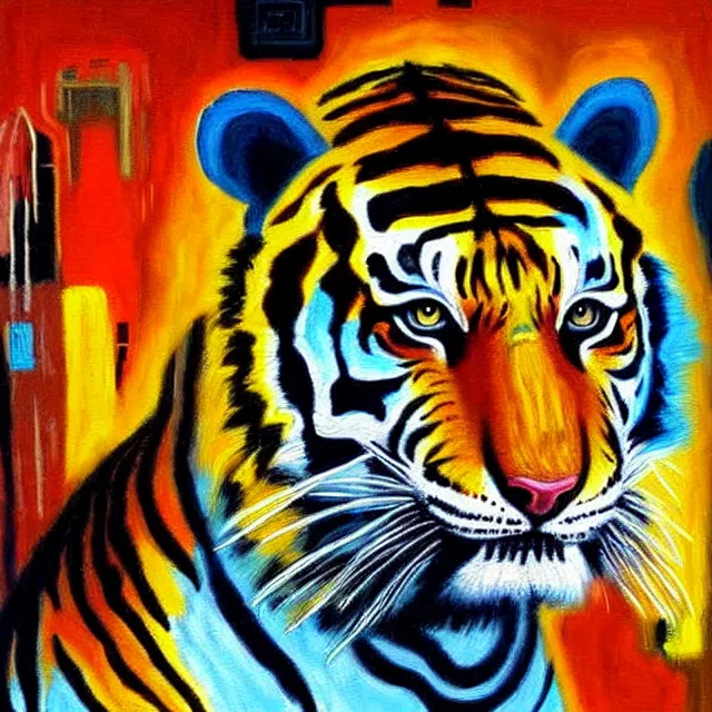 Image similar to a beautiful painting cyberpunk tiger, by jean michel basquiat realistic oil painting