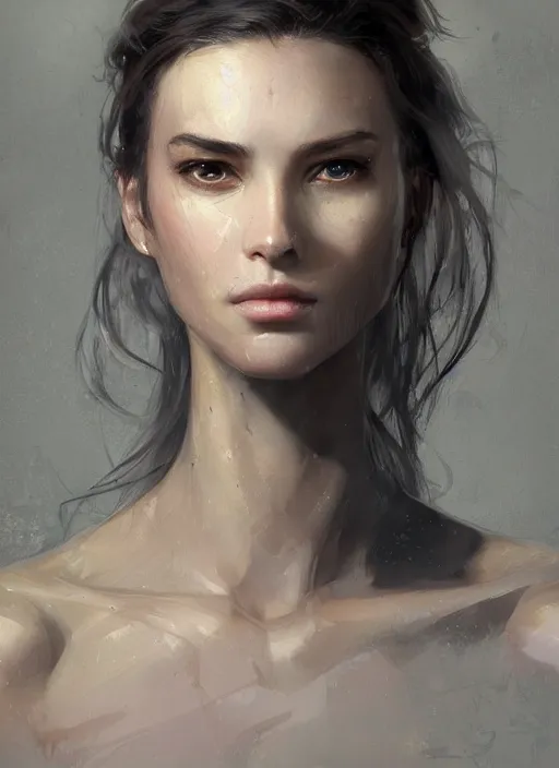 Image similar to a professional painting of a beautiful young female, clothed in military armor, olive skin, long dark hair, beautiful bone structure, symmetrical facial features, intricate, elegant, digital painting, concept art, smooth, sharp focus, illustration, from Metal Gear, by Ruan Jia and Mandy Jurgens and Artgerm and William-Adolphe Bouguerea