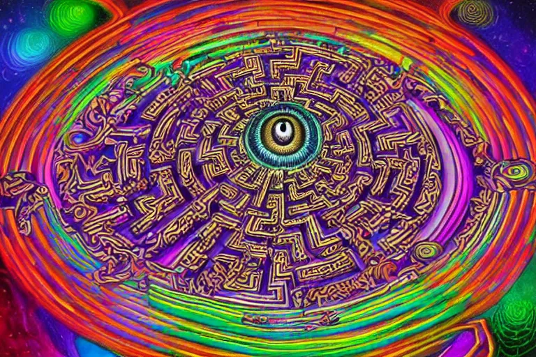 Prompt: An extremely psychedelic abstract illustration of an all seeing eye shaped labyrinth maze , colorful, surreal, dramatic lighting, magic mushrooms, psilocybin, LSD, detailed, intricate, elegant, highly detailed, digital painting, artstation, concept art, smooth, sharp focus, illustration, art by Krenz Cushart, greg rutkowski and zdzislaw beksinski and alphonse mucha, unreal engine 5 render, 8k