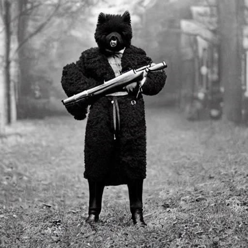 Prompt: realistic historical photography taken during war of a black fluffy dog holding a gun in the right hand wearing a plastic trench coat black and white grain