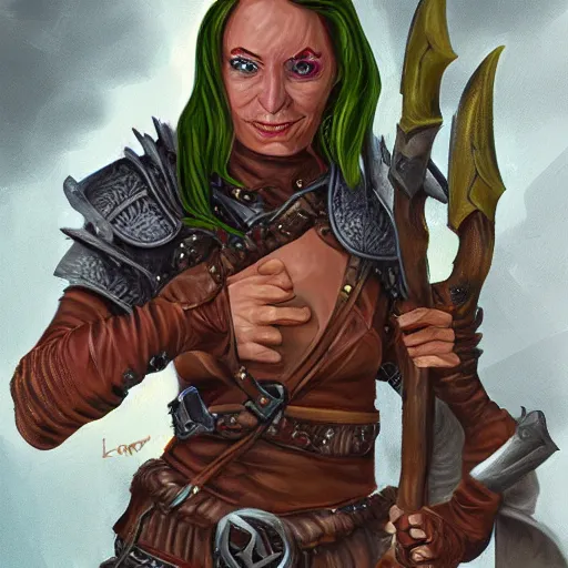 Prompt: character portrait of a wild - eyed female goblin wielding daggers and wearing fully clothed leather armor. d & d. digital painting. high detail. trending on artstation. larry elmore.