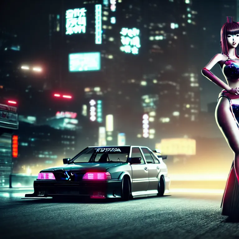 Prompt: toyota jzx 1 0 0 drift, detailed - wheels, shibuya prefecture, cyberpunk female supermodel in front, cinematic lighting, photorealistic, night photography, octane render