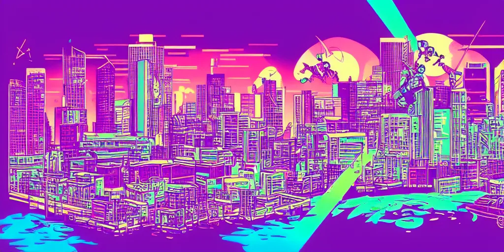 Image similar to vaporwave, vector graphics, ninja turtles, synthwave, neon, cityscape