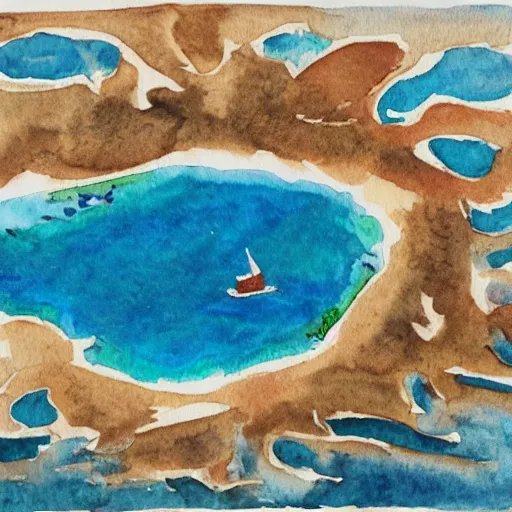 Image similar to a bird's - eye view of a island in de middle of the ocean, watercolor