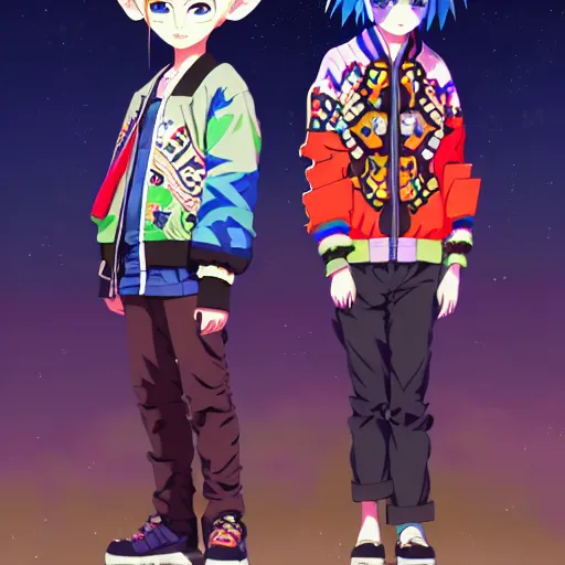 Image similar to majora majora's mask wearing oversized mayan bomber jacket with overalls, bulky poofy bomber jacket with mayan patterns, aztec street fashion, genshin impact art style, gapmoe yandere grimdark, trending on pixiv fanbox, painted by greg rutkowski makoto shinkai takashi takeuchi studio ghibli, akihiko yoshida