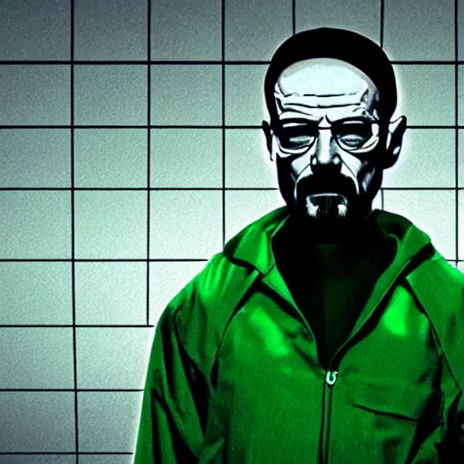 Image similar to walls of green text, lines of green code, walter white as neo from The Matrix (1999), background is green lines of text, CGSociety