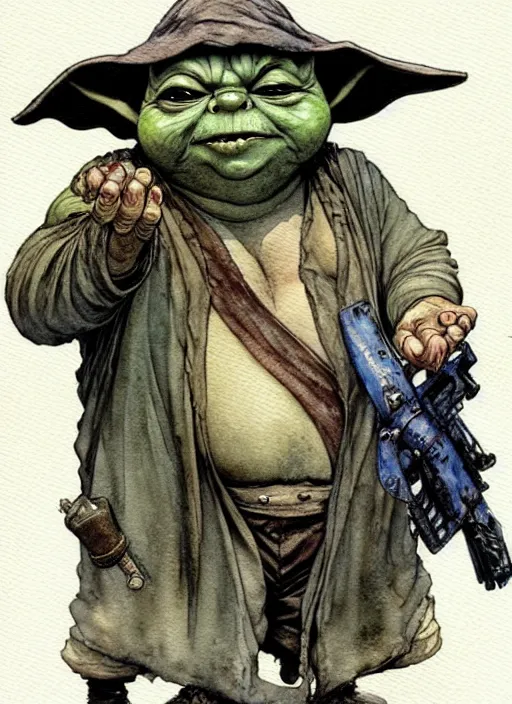 Image similar to a realistic and atmospheric watercolour fantasy character concept art portrait of a fat sleazy homeless chibi yoda wearing a wife beater and holding a handgun, by rebecca guay, michael kaluta, charles vess and jean moebius giraud