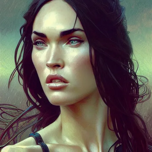 Image similar to Megan Fox , highly detailed, digital painting, artstation, concept art, sharp focus, illustration, art by greg rutkowski and alphonse mucha