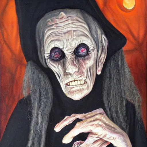 Image similar to creepy old cursed witch watching you sleep, eerie, haunted, oil painting