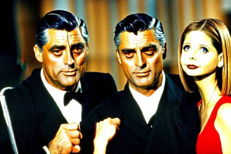 Image similar to cary grant as giles in buffy the vampire slayer, along side sarah michelle gellar 1 9 9 8