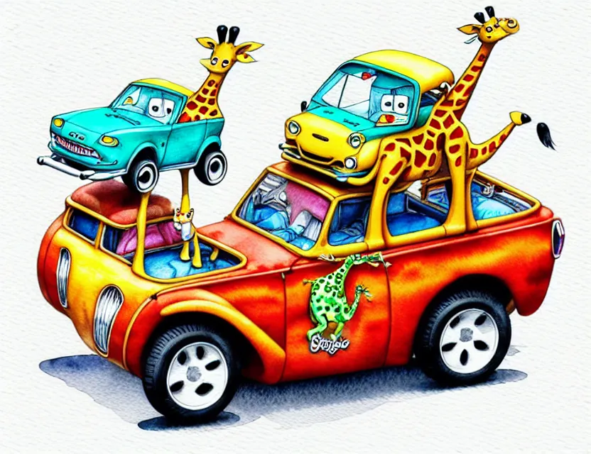 Image similar to cute and funny, giraffe riding in a tiny hot rod with oversized engine, ratfink style by ed roth, centered award winning watercolor pen illustration, isometric illustration by chihiro iwasaki, edited by range murata, tiny details by artgerm and watercolor girl, symmetrically isometrically centered