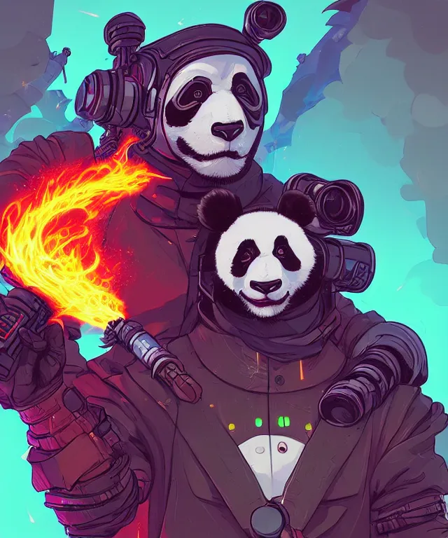 Prompt: a portrait of a cyberpunk panda holding two flamethrowers, fantasy, elegant, digital painting, artstation, concept art, matte, sharp focus, illustration, art by josan gonzalez