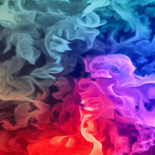 Image similar to multi color smoke with the small head of a dragon, billowy, 8 k, 4 k