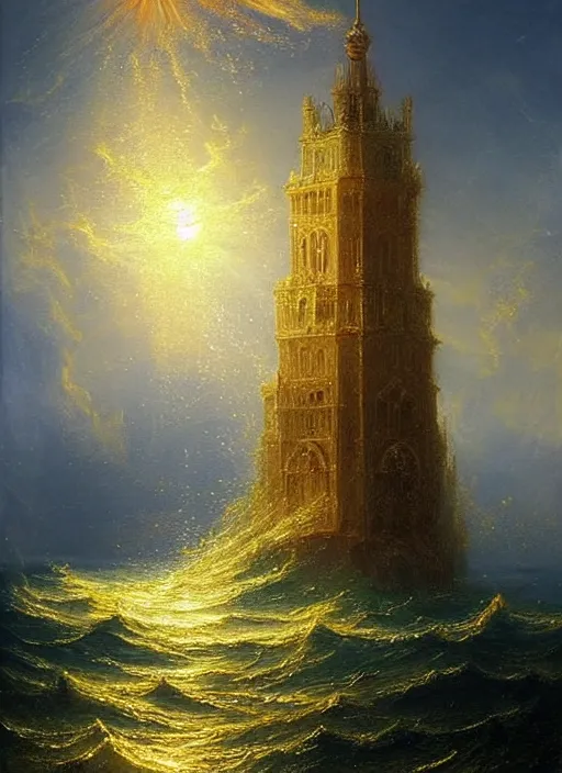 Image similar to a delicate sparkling gold fantasy tower splashes upwards from a turbulent ocean, dramatic lighting, rich colors, sunlight shimmering off the tower and the water and the spray, beautiful painting by Thomas Cole