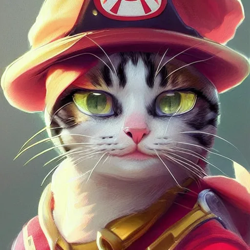 Prompt: Portrait of a Cat dressed as Super Mario, kawaii aesthetic, nintendo, highly detailed, digital painting, artstation, concept art, smooth, sharp focus, illustration, art by artgerm and greg rutkowski and alphonse mucha