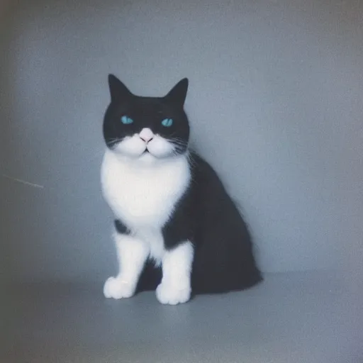 Image similar to black cloudy shadow in a cat shape, cuddly fur, blurry, mystical, misty, dreamy, shadow polaroid photo