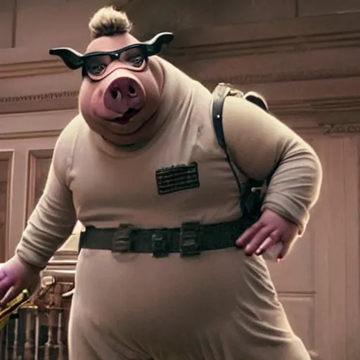 Image similar to Live Action Still of pig in Ghostbusters, real life, hyperrealistic, ultra realistic, realistic, highly detailed, epic, HD quality, 8k resolution, body and headshot, film still,Exquisite detail, post-processing, masterpiece, Cinematic Lighting, Unreal Engine, 8k, HD