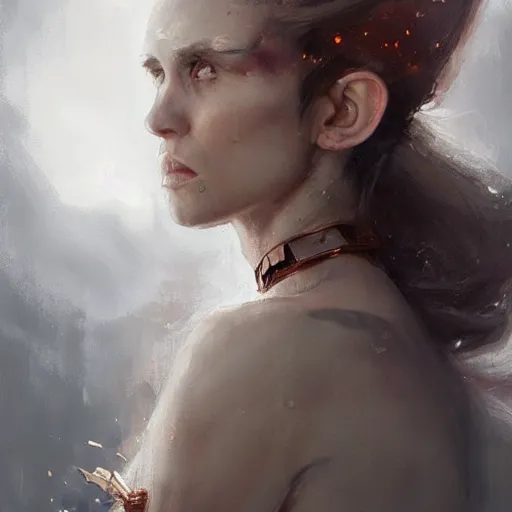 Prompt: A detailed oil portrait of an elf woman with small copper devil horns and copper scales covering her arm and neck wearing a simple white robe, by greg rutkowski, trending on artstation, dungeon and dragons art