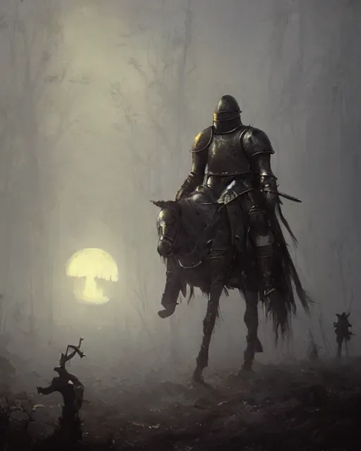 Image similar to Hyper realistic oil painting of an undead knight, knight in the foreground, fog, volumetric lighting, nighttime, moonlight, creepy, by greg rutkowski